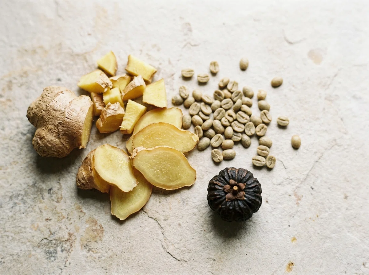 Ginger root pieces and dried green coffee beans on stone surface